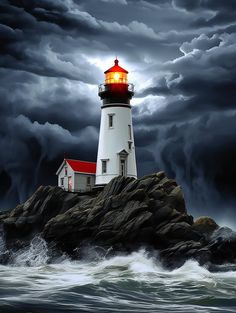 a lighthouse on top of a rock in the ocean under a cloudy sky with dark clouds