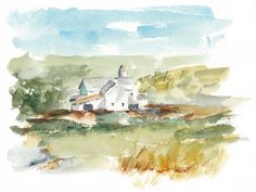 a watercolor painting of a house in the country