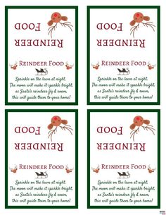 four christmas cards with reindeers on them and the words, good night, reindeer food