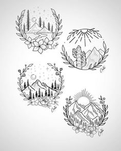 four different tattoo designs with mountains and trees in the background, one is black and white