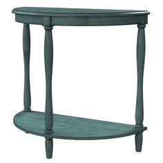 an oval shaped table with two legs and a shelf on the bottom, in blue