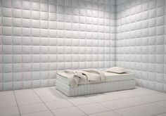 a white bed in a room with square tiles on the wall and floor, 3d rendering