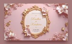 the wedding card is surrounded by flowers and gold foil on pink paper with white lettering