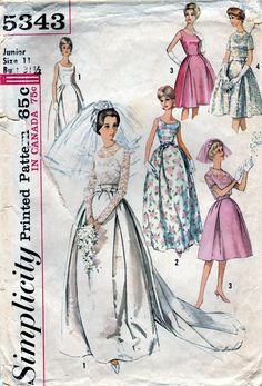 "1960's Vintage Wedding Dress Gown Evening Dress, Bridesmaids Dresses Simplicity 5343 Circa 1963 There are pics of the dress made when we had a dress making business. I do still have the pattern for the shawl also if you would like me to list it also. I have 2 sizes with pics in listing. Sizes and measurements listed below. Let me know which you would like in your purchase note. Juniors' and Misses' One-Piece Wedding Dress with Detachable Train or Evening Dress, Short Wedding Dress or Bridesmaid Vintage Wedding Dress 60s, Vintage Wedding Dress Pattern, Wedding Dress With Detachable Train, Wedding Dresses 60s, Dress With Detachable Train, Patterned Bridesmaid Dresses, 1960s Wedding, Detachable Train, Wedding Dress Patterns