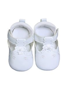 Classic all white Mary Jane style crib crawler shoes for baby girls from Little Things Mean A Lot. Features perforation accents along the tongue and scalloped edging on the top of the foot. Made of high quality vegan-friendly 100% synthetic leather upper and sole for style and comfort. Soft fabric lined inside and insole add additional comfort on your babies delicate foot. Single hook and loop strap makes putting these shoes on a breeze and provides a better overall fit to eliminate shoes gettin Crib Shoes Girl, Christening Outfit, 3rd Baby, Crib Shoes, Leather Mary Janes, Artificial Leather