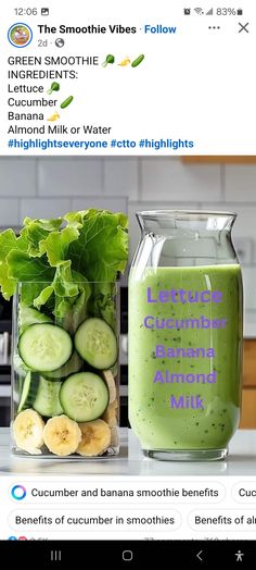 a green smoothie in a glass next to a jar with cucumber and banana