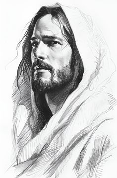 a black and white drawing of jesus with his head turned to the side, wearing a hoodie