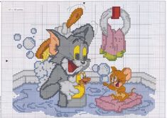 a cross stitch pattern with an image of a cat and mouse in the bathtub