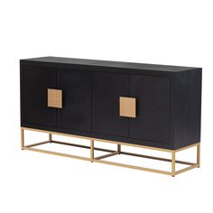 a black and gold sideboard with two doors on the bottom, one door open