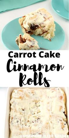 carrot cake cinnamon rolls with cream cheese frosting on top and in the bottom, there are two slices missing