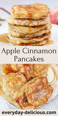 apple cinnamon pancakes are stacked on top of each other