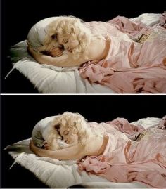 two pictures of a woman laying on top of a bed next to each other in pink dresses