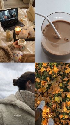 the collage shows four different scenes including coffee, hot chocolate and an open laptop