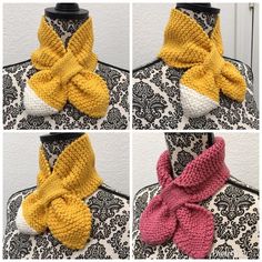 four pictures of different styles of knitted scarves