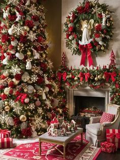 a living room decorated for christmas with red and white decorations