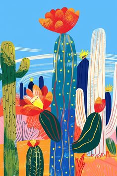 a painting of cactuses and flowers in the desert