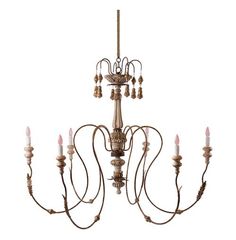 a chandelier with five lights hanging from it's sides and four candles in the middle