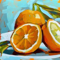 a painting of some oranges on a plate