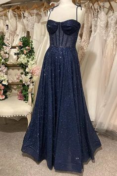 A Line Navy Dress, Prom Dresses Navy Blue Long, Navy Blue Hoco Dress Long, Dark Blue Prom Dress Corset, Midnight Blue Prom Dress Aesthetic, Sparkly Midnight Blue Dress, Midnight Garden Theme Prom Dresses, Sparkling Blue Dress, Dark Blue Glitter Prom Dress