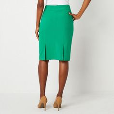 Black Label by Evan-Picone designs suiting to flatter your shape and create a sharp tailored look that's perfect for traditional office settings or special occasions like a wedding or fancy dinner. This women's suit skirt is cut in a knee-length from a soft crepe in an earthly green hue and features a concealed side zip closure and front and back kick pleats. Pair with the matching blazer.Front Style: Flat FrontFeatures: Lined, Stretch FabricClosure Type: ZipperFit: Classic FitRise: Mid RiseAppa Classic Tailored Office Skirt, Elegant Green Office Bottoms, Fitted Pleated Mini Skirt For Work, Green Knee-length Skirt For Formal Occasions, Tailored Knee-length Skirt For Work, Classic Workwear Skirt Suit With Lined Skirt, Classic Tailored Pencil Skirt For Office, Tailored Skirt For Office, Tailored Pencil Skirt For Office