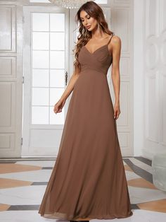 Criss-Cross V-Neck Chiffon Backless A-Line Bridesmaid Dress #color_Brown Romantic Bridesmaid Dresses, Brown Bridesmaid Dresses, Chic Bridesmaid Dresses, Romantic Outdoor Wedding, Flowy Fabric, Ever Pretty, Floor Length Skirt, Cinched Waist, Lining Fabric