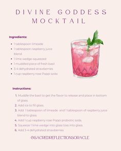 a pink cocktail with mint garnish on the side and instructions to make it