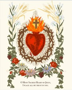 a heart surrounded by flowers and leaves with a cross on it's side, in the middle of an illustration