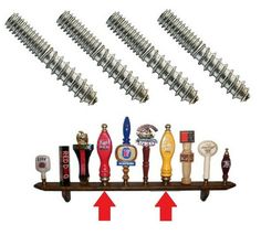 there are many different types of beer taps on the shelf with red arrows pointing to them