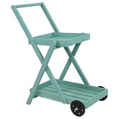 a small teal colored cart with wheels