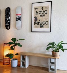 two skateboards mounted to the wall above a wooden bench with planters on it