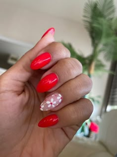 Get ready to make a bold style statement this summer with stunning red nails that exude confidence and beauty. Pink And Red Spring Nails, Red Spring Nail Designs, Red Spring Nails Acrylic, Red Flowers On Nails, Red Easter Nails, Red Nail Flower Designs, Spring Red Nails 2024, Dark Red Nails With Flowers, Red And White Flower Nails