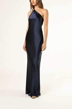 Cowl Back Dress, Brown Bridesmaid Dresses, Halter Neck Gown, Navy Blue Gown, Navy Gown, Black Attire, Cocktail Outfit, Asymmetrical Neckline, Silk Gown