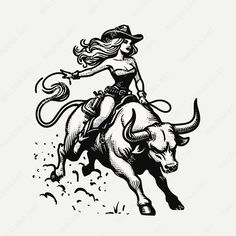 a woman riding on the back of a bull with a lasso in her hand