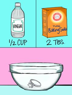 a bowl with a ring on it next to a bottle of baking soda and a box of baking soda