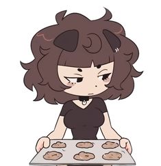 a cartoon character holding a tray with cookies in front of her and looking at the camera