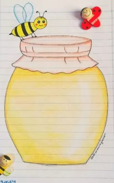 a child's drawing of a bee and a honey jar with two bees on it