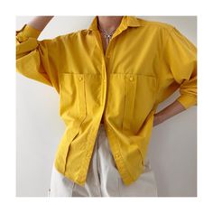 Vintage 80s relaxed fit golden yellow button down shirt.  Unique pockets.  Slouchy fit with baggy long sleeves.  Circa 80s 90s.  55% cotton 45% polyester.  Bright golden yellow color.  Brand: Lady Manhattan  In great condition.  Labeled as size 10. Also fits smaller sizes more oversized.  I'm XS/S 5'7 wearing it in the photos. 〰️Measurements taken flat: Armpit to armpit - 20" Length(back collar seam to hem)- 25.5" (shorter on the sides) Shoulder to shoulder seam - 18" Sleeve length(from mid coll Oversized Yellow Long Sleeve Top, Spring Yellow Tops With Pockets, Vintage Oversized Shirt With Pockets, Yellow Solid Color Shirt For Summer, Trendy Long Sleeve Yellow Shirt, Trendy Yellow Shirt For Fall, Casual Gold Shirt With Button Closure, Trendy Yellow Long Sleeve Shirt, Trendy Yellow Fall Shirt