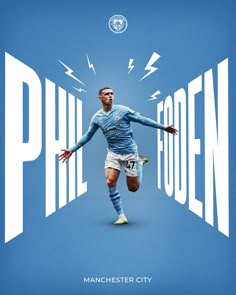 a soccer player is running with his arms out to the side, in front of a blue background that says phil foden