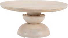 a round wooden table sitting on top of a white floor