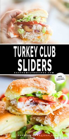 turkey club sliders with bacon, lettuce and tomato on top are shown