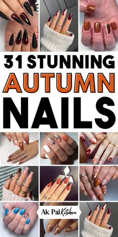 Fall Nail Multi Colors, Harvest Nails Designs, Fall Nail Art Designs Sparkle, Autumn Fingernails, Harvest Nails Fall, Harvest Nail Designs, Sparkly Fall Nails, Glitter Fall Nails, Autumn Ombre Nails