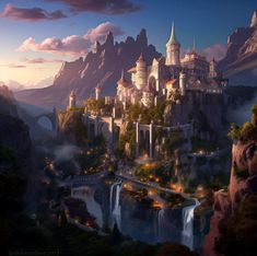 a castle on top of a mountain surrounded by trees and mountains with lights in the foreground