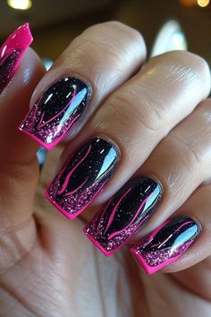 Cut Dog Nails, Pink Black Nails, Feather Nails, Art Deco Nails, Sassy Nails, Purple Nail Designs, Fancy Nails Designs, Stylish Nails Designs, Pink Nail Art