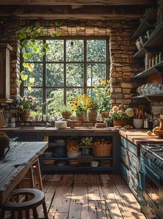 an old fashioned kitchen with sun shining through the window and lots of pots on the counter