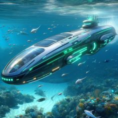 a futuristic submarine floating in the ocean surrounded by fishes and other marine life, with its lights on