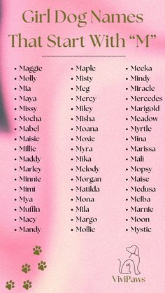 the girl dog names that start with m are shown in pink and green, as well as