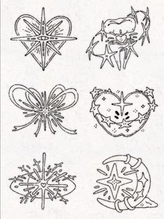 four different types of snowflakes are shown in black and white ink on paper