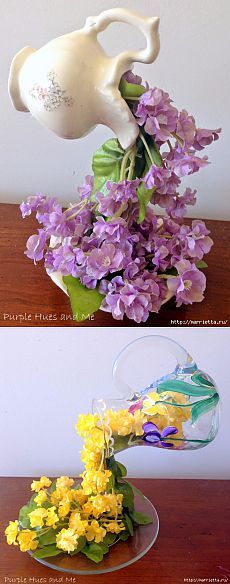 two pictures with flowers in vases and one has water pouring from pitcher on it