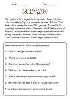 chicago worksheet with answers for students to practice their reading skills and writing numbers