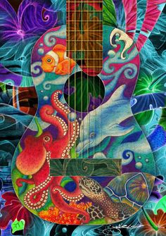 an acoustic guitar with colorful artwork on it